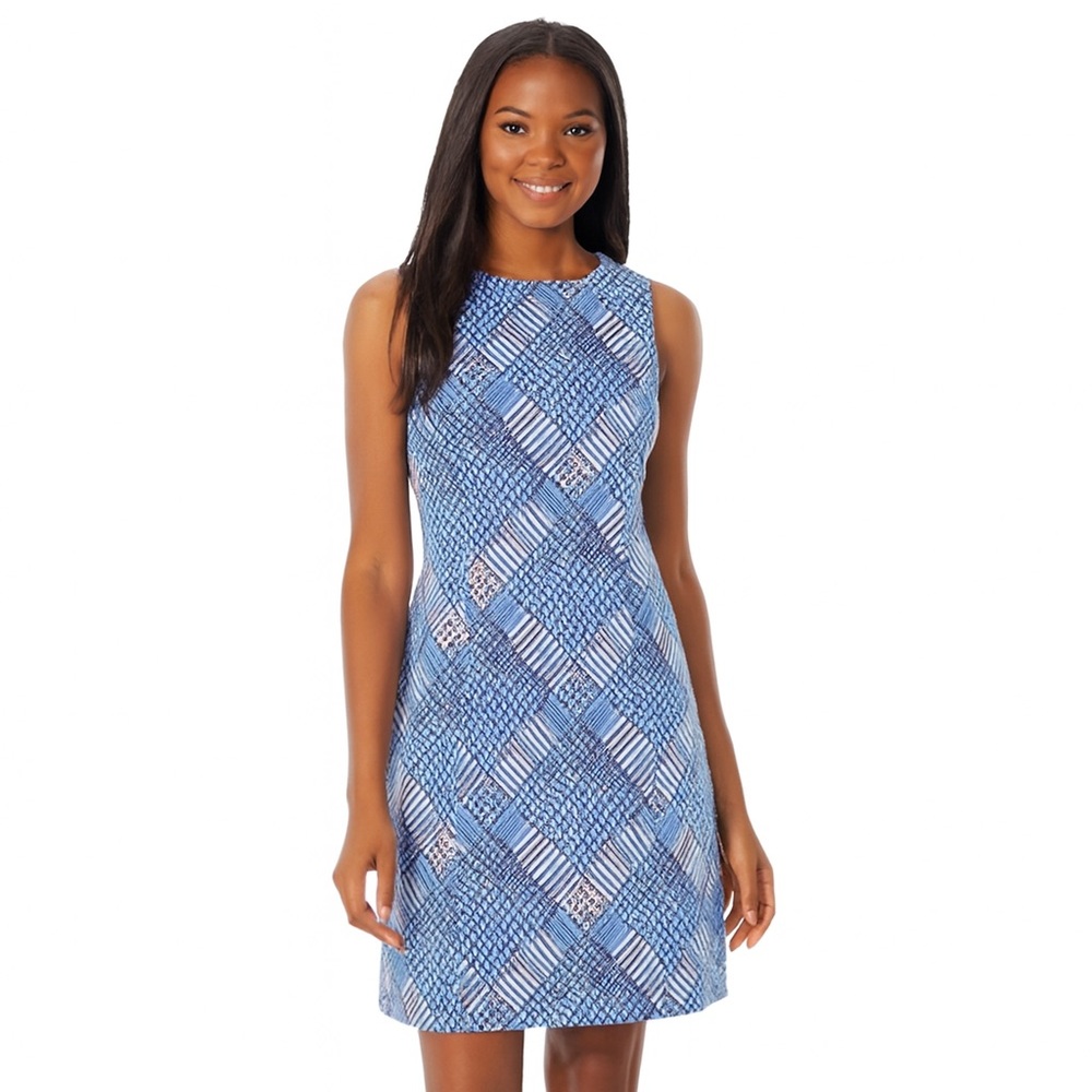 Comfy J. McLaughlin Blue & Ivory Geometric Print Sleeveless Shift Dress Size Sm